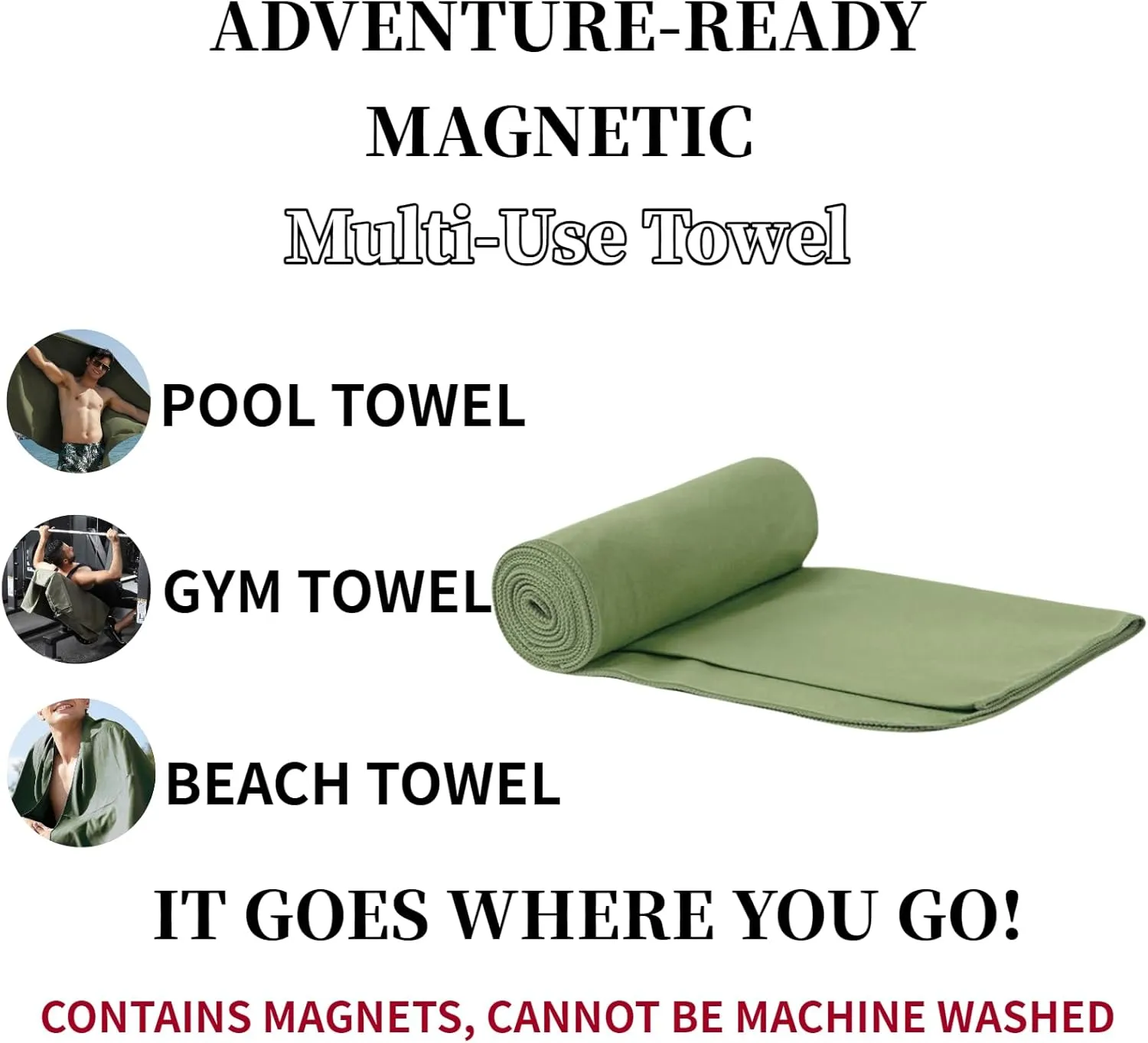 Magnetic Microfiber Towel, Quick Setup Secure Post-Workout Coverage, Super Absorbent, Fast Drying, Lightweight - Perfect for Gym, Beach, Hiking, Pool, Yoga, and More (Army Green, X Large)