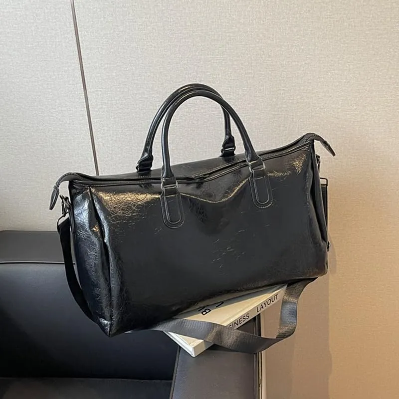 MAICOSY Casual Chic Style with Shoulder Strap Oversized PU Leather Travel Duffel Bag (Black)