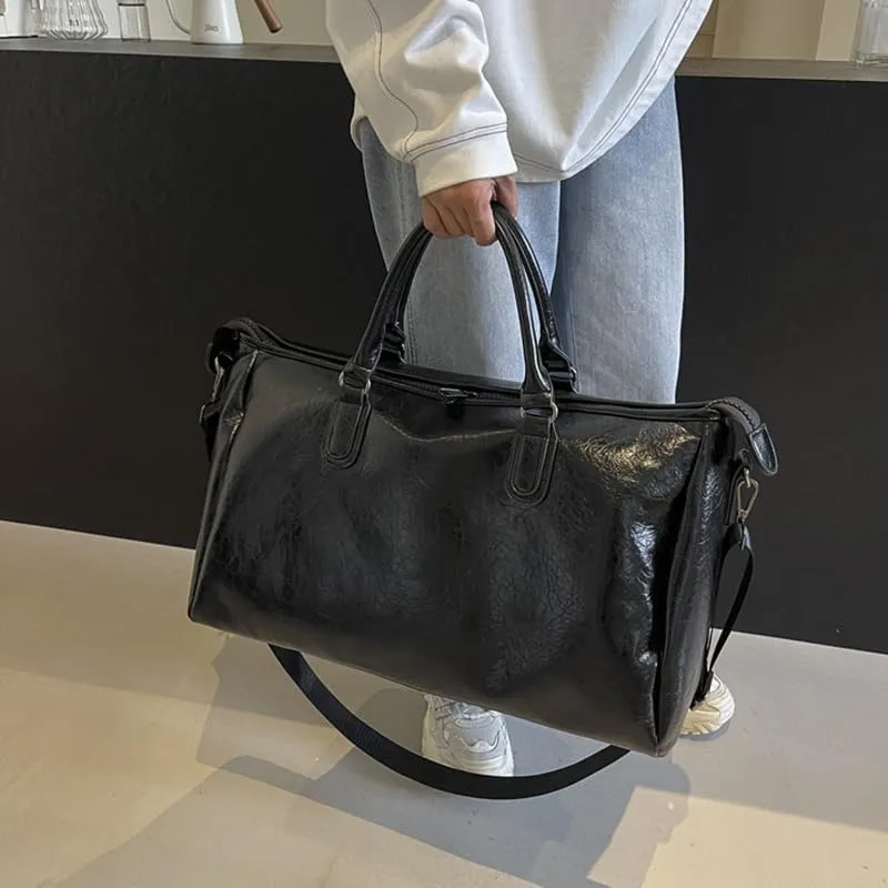 MAICOSY Casual Chic Style with Shoulder Strap Oversized PU Leather Travel Duffel Bag (Black)