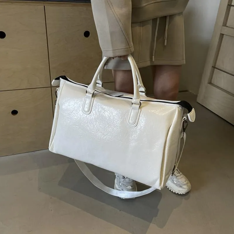 MAICOSY Casual Chic Style with Shoulder Strap Oversized PU Leather Travel Duffel Bag (Ivory)