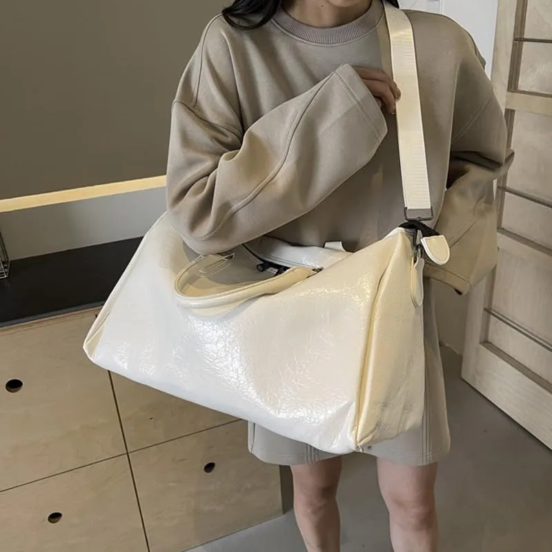 MAICOSY Casual Chic Style with Shoulder Strap Oversized PU Leather Travel Duffel Bag (Ivory)