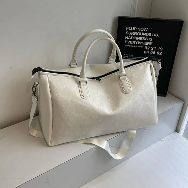 MAICOSY Casual Chic Style with Shoulder Strap Oversized PU Leather Travel Duffel Bag (Ivory)