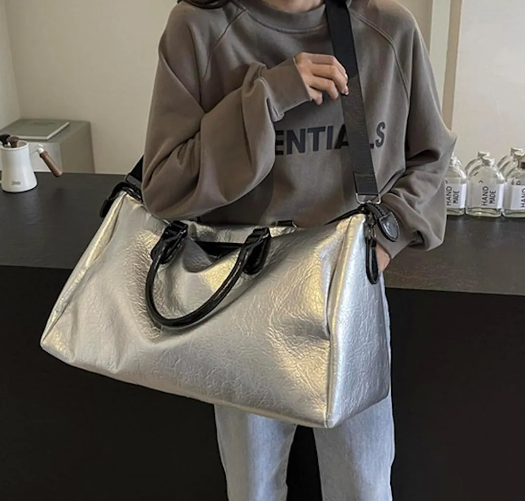 MAICOSY Casual Chic Style with Shoulder Strap Oversized PU Leather Travel Duffel Bag (Silver)