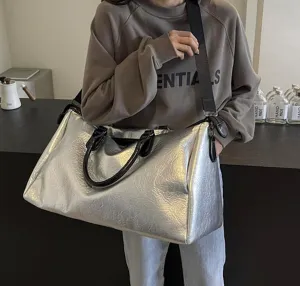 MAICOSY Casual Chic Style with Shoulder Strap Oversized PU Leather Travel Duffel Bag (Silver)