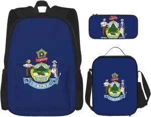 Maine State Flag Print Aesthetic Travel Backpack For Women 3-Piece Set,For Daily Use And Outdoor Activities