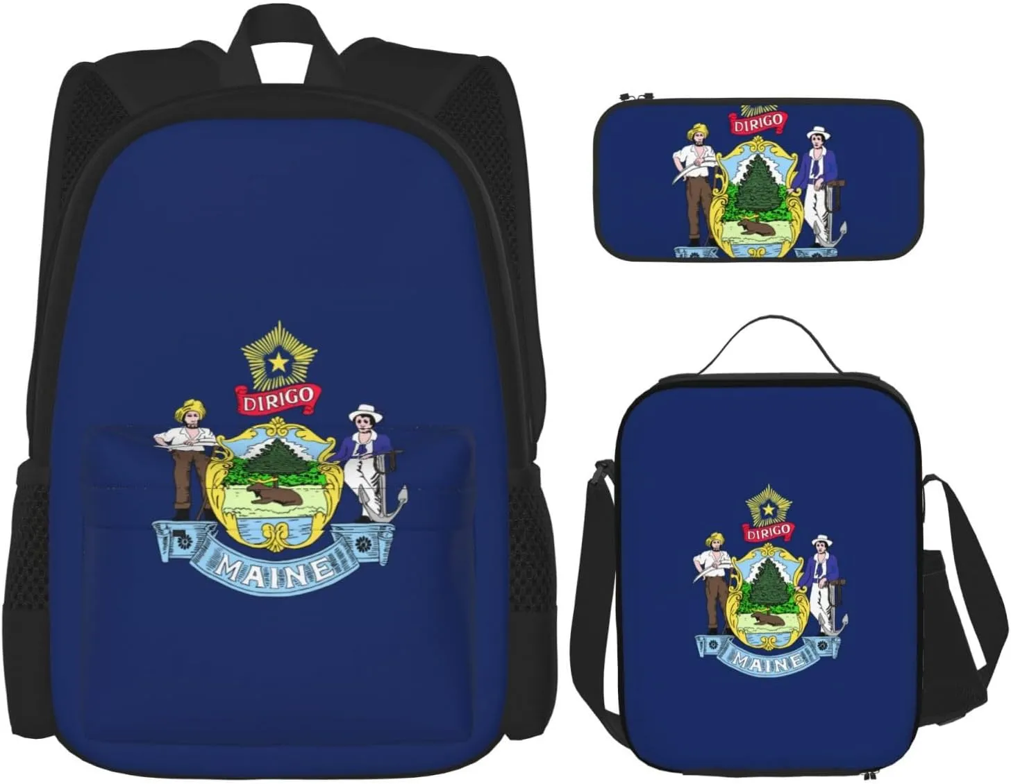 Maine State Flag Print Aesthetic Travel Backpack For Women 3-Piece Set,For Daily Use And Outdoor Activities