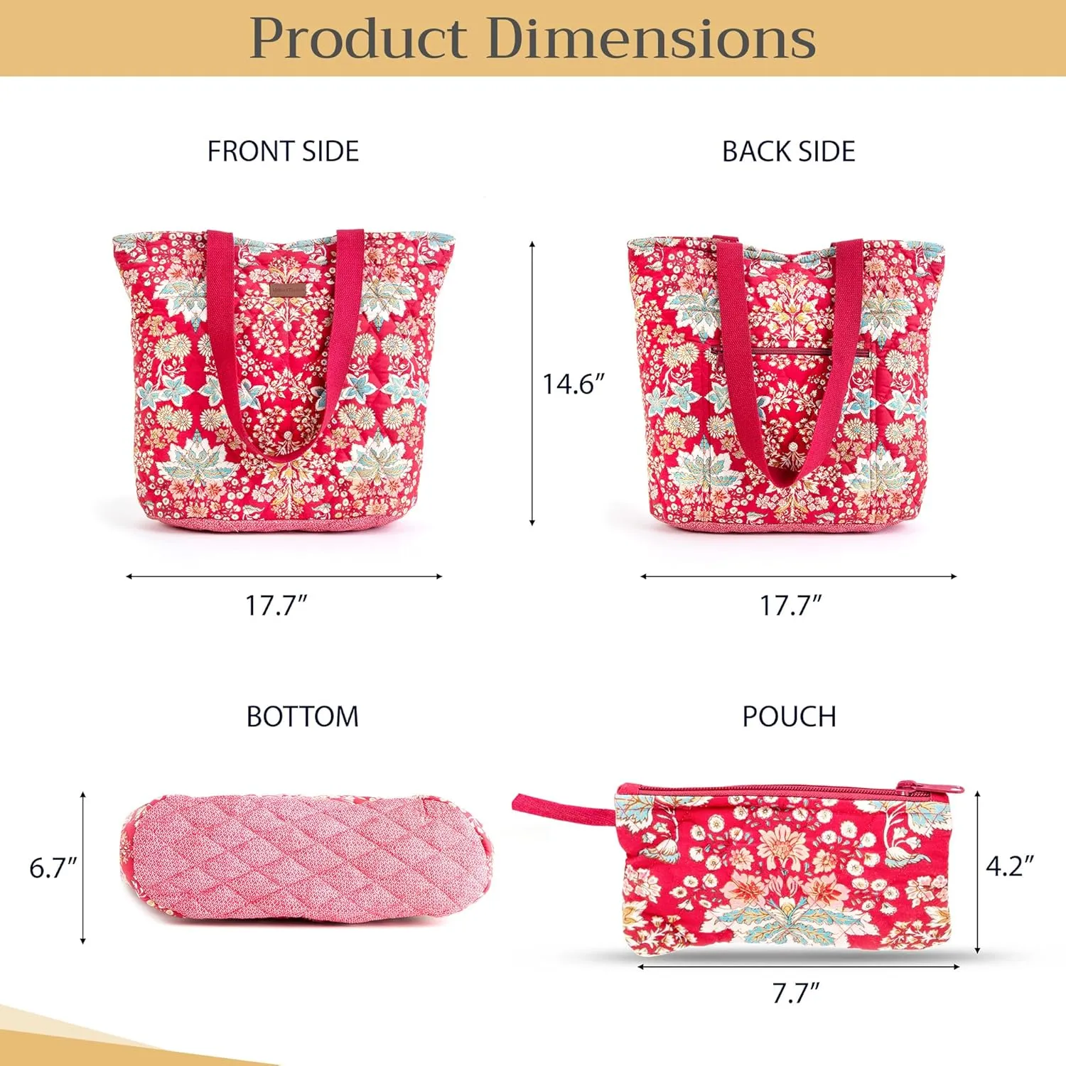 Maison d' Hermine Shopping Bag Cotton Quilted Tote Bag with Zipper Pockets & Small Pouch Grocery Bag for Work Travel Lunch