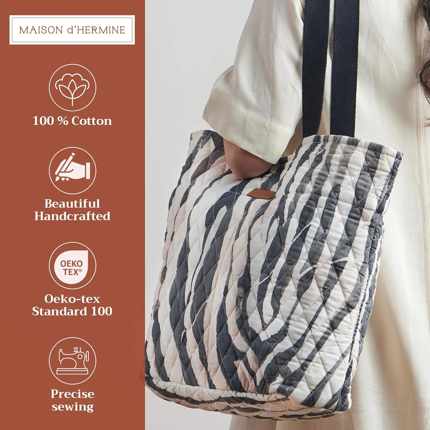 Maison d' Hermine Shopping Bag Cotton Quilted Tote Bag with Zipper Pockets & Small Pouch Grocery Bag for Work Travel Lunch