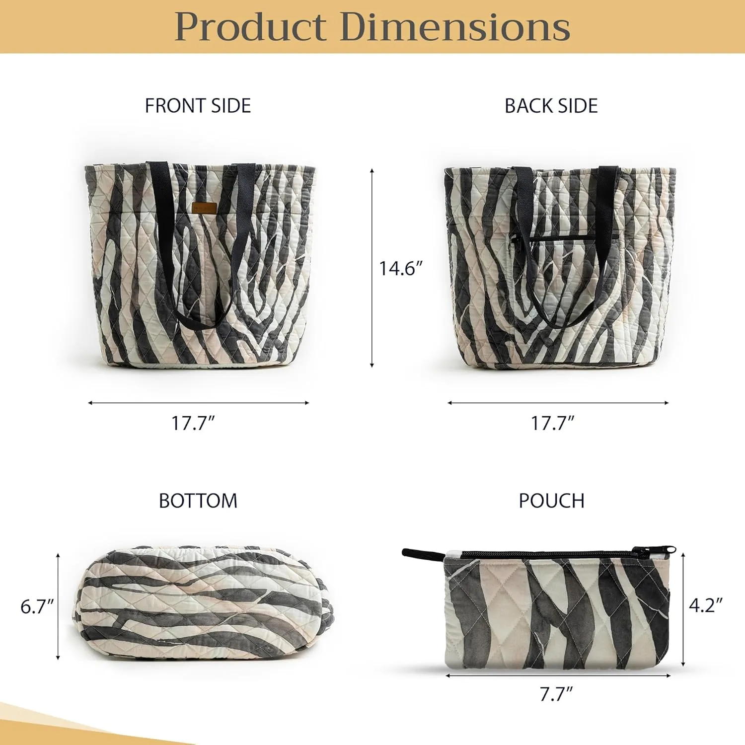 Maison d' Hermine Shopping Bag Cotton Quilted Tote Bag with Zipper Pockets & Small Pouch Grocery Bag for Work Travel Lunch