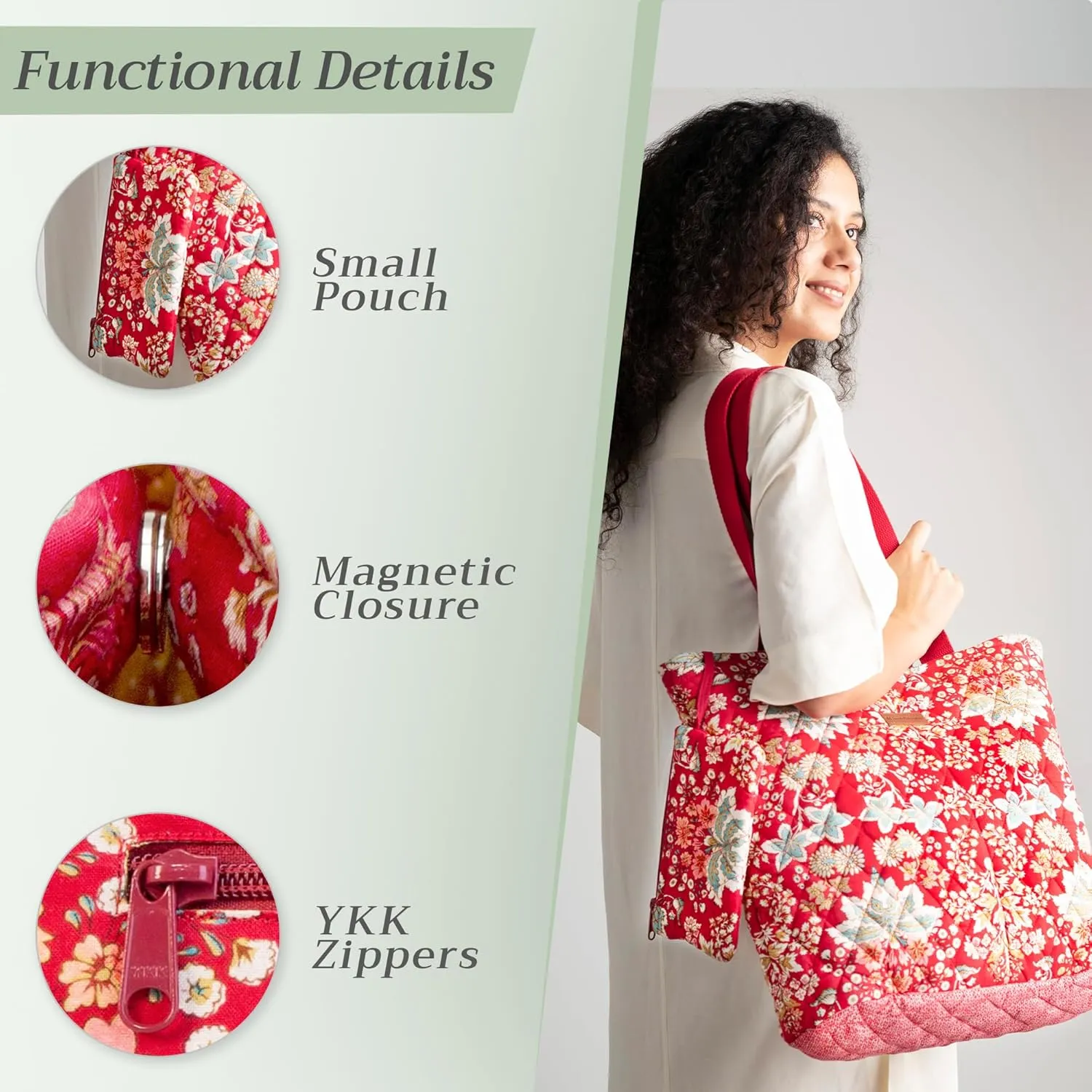 Maison d' Hermine Shopping Bag Cotton Quilted Tote Bag with Zipper Pockets & Small Pouch Grocery Bag for Work Travel Lunch