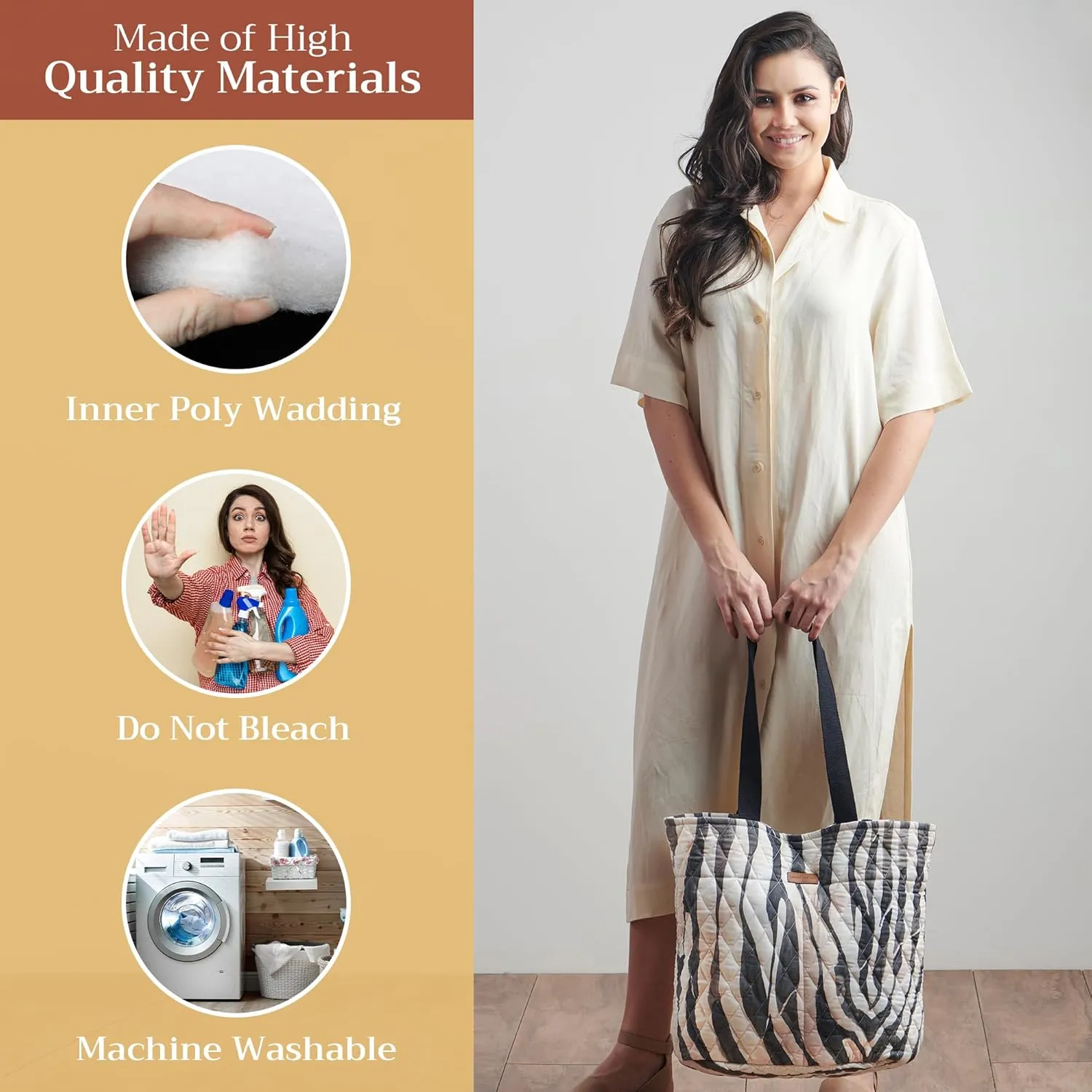 Maison d' Hermine Shopping Bag Cotton Quilted Tote Bag with Zipper Pockets & Small Pouch Grocery Bag for Work Travel Lunch