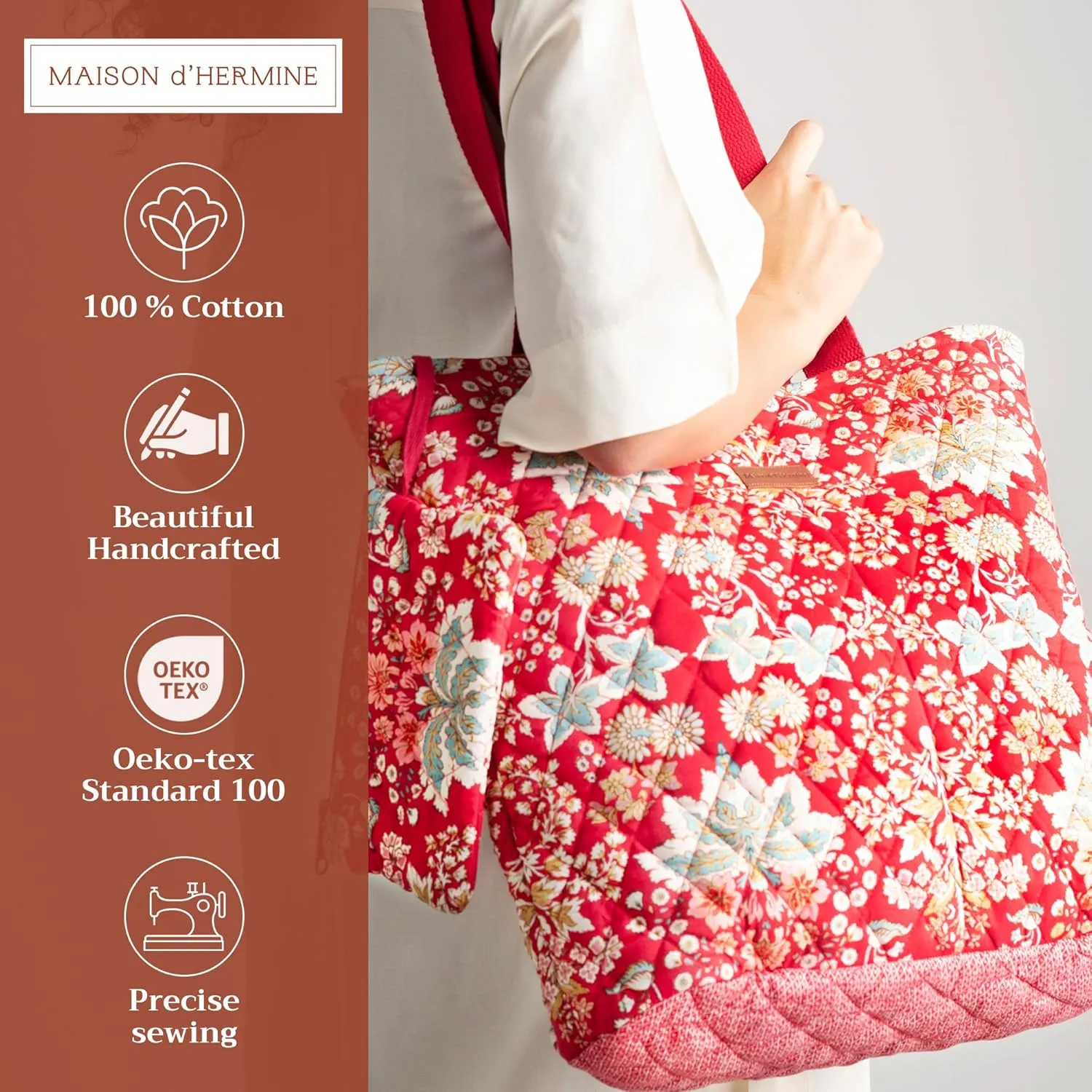 Maison d' Hermine Shopping Bag Cotton Quilted Tote Bag with Zipper Pockets & Small Pouch Grocery Bag for Work Travel Lunch