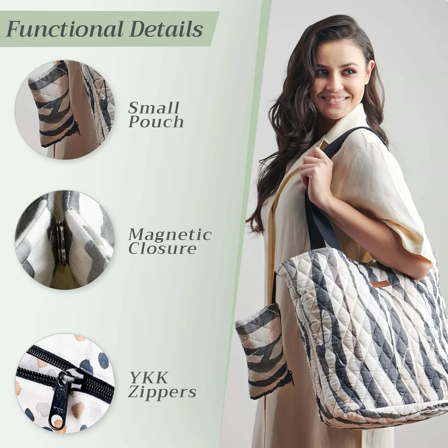 Maison d' Hermine Shopping Bag Cotton Quilted Tote Bag with Zipper Pockets & Small Pouch Grocery Bag for Work Travel Lunch