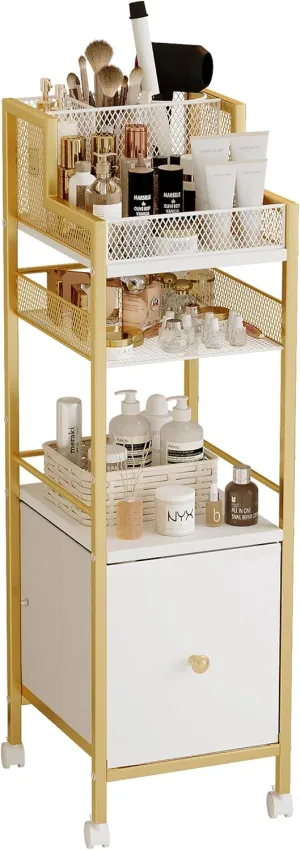 Makeup Organizer Storage Cart with Drawers, Rolling Bathroom Organizers and Storage- Makeup Bathroom Storage Cart, Cosmetic Vanity Display Cases Holder for Nail Polish Brush Hair Tool（Gold）