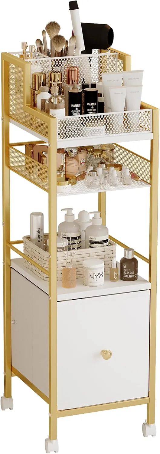 Makeup Organizer Storage Cart with Drawers, Rolling Bathroom Organizers and Storage- Makeup Bathroom Storage Cart, Cosmetic Vanity Display Cases Holder for Nail Polish Brush Hair Tool（Gold）