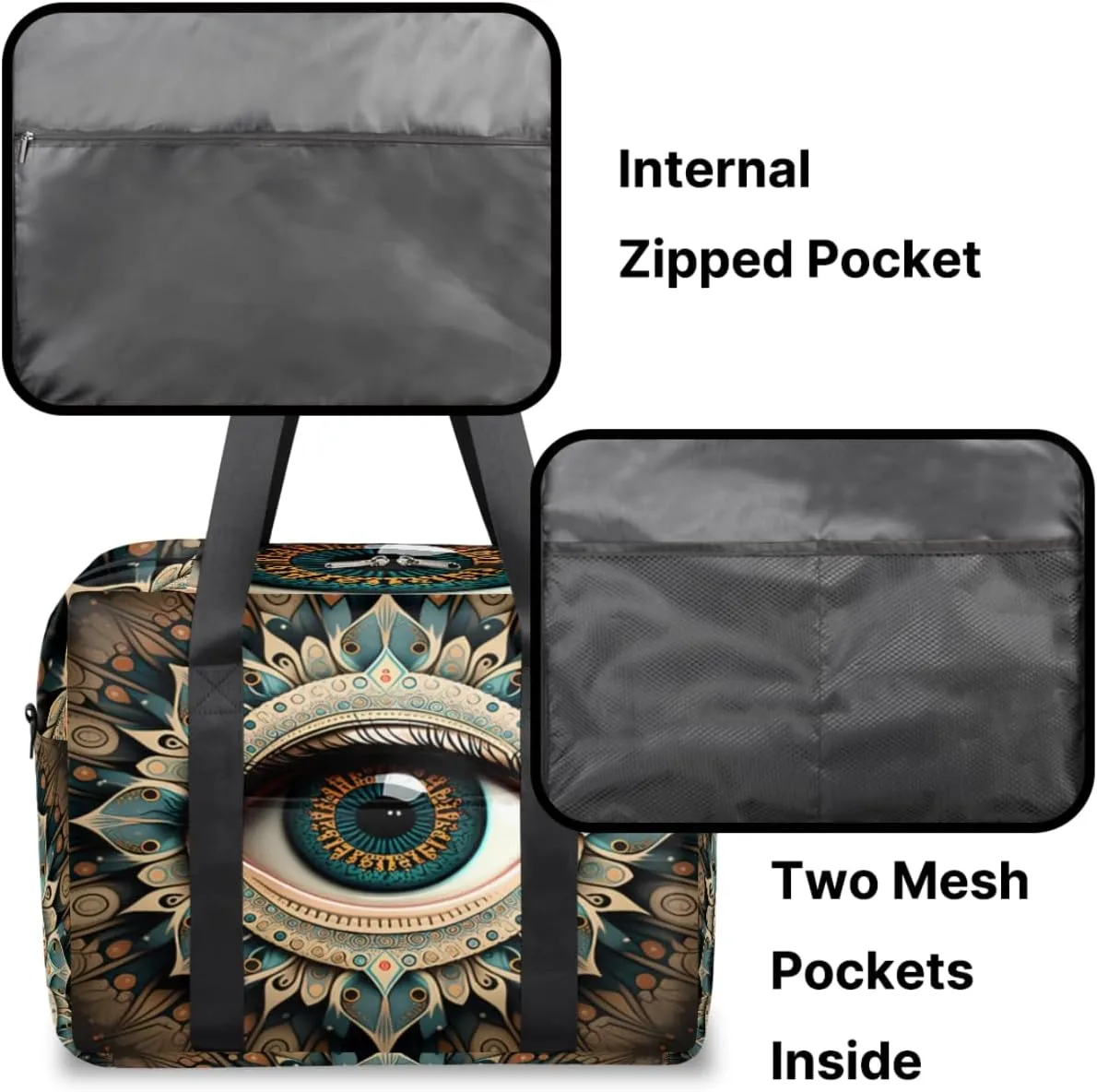 Mandala Realistic Eye Womens Travel Bags, Weekender Carry on for Women, Sports Gym Bag, Workout Duffel bag, Overnight Shoulder Bag