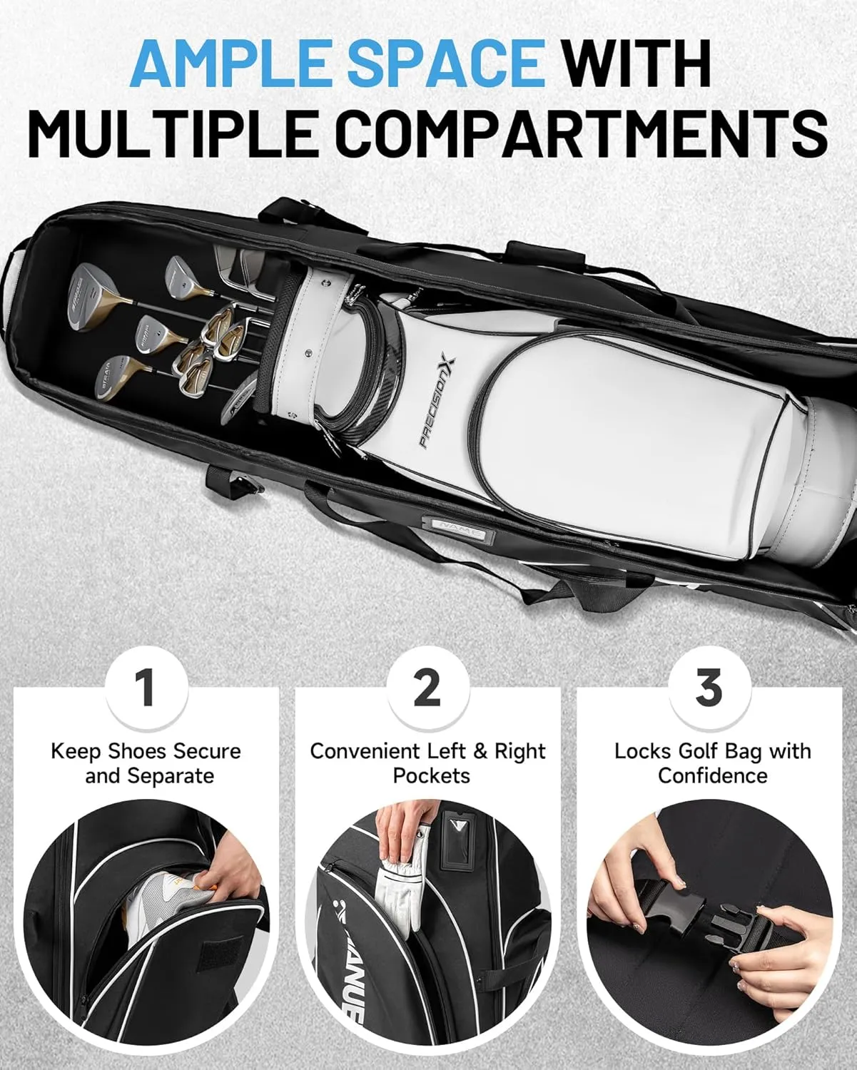 MANUEKLEAR Golf Bag Travel Case for Airlines with Travel Wheels, Golf Travel Bags for Airlines with Padded Top, 1680D Nylon Foldable Golf Travel Covers with 3 Large Pocket for Golfer