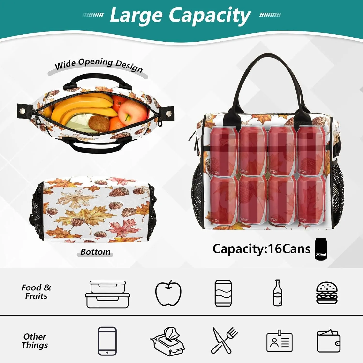 Maple Leaves Acorns Lunch Bag for Women, Insulated Lunch Box for Students, Women's Lunch Tote Bag with Side Pockets & Removable Shoulder Strap Large Cooler Purse for Picnic Work Beach