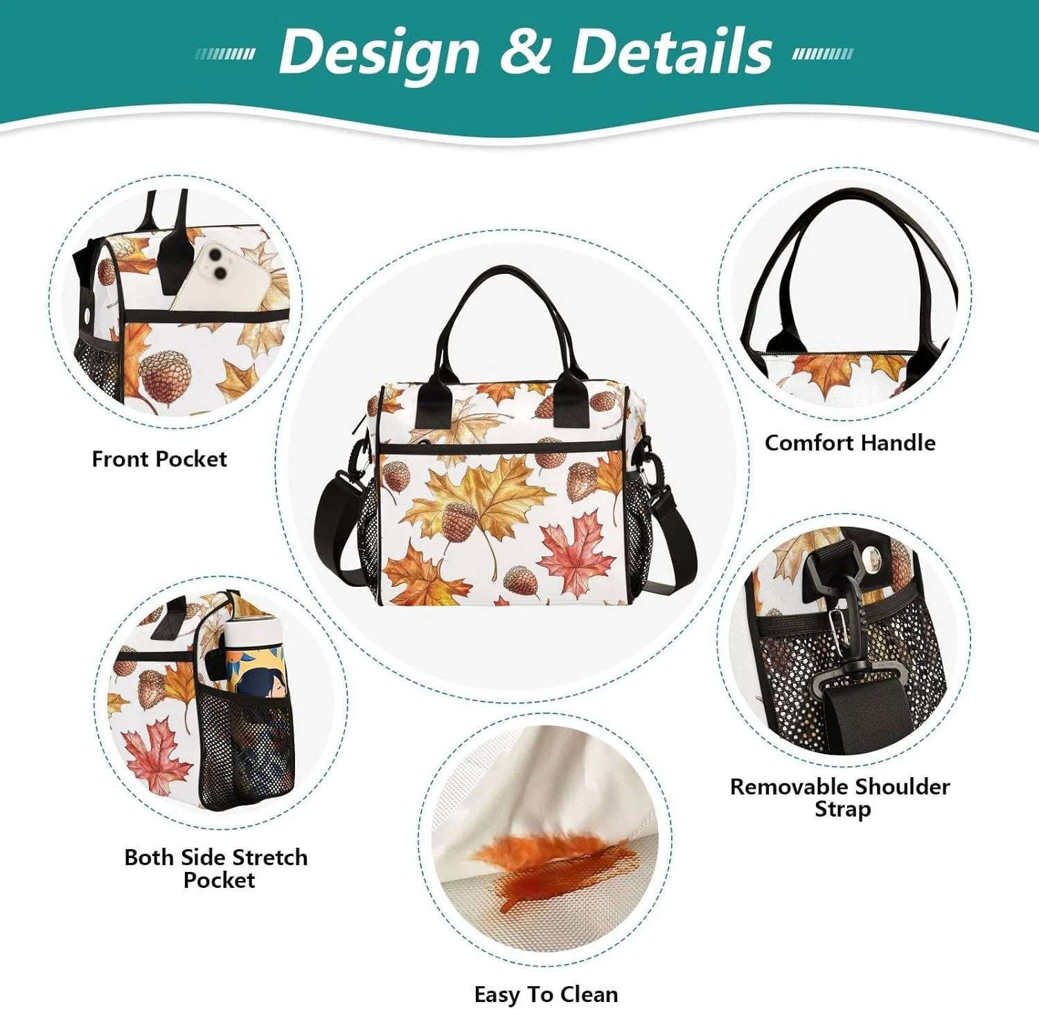 Maple Leaves Acorns Lunch Bag for Women, Insulated Lunch Box for Students, Women's Lunch Tote Bag with Side Pockets & Removable Shoulder Strap Large Cooler Purse for Picnic Work Beach