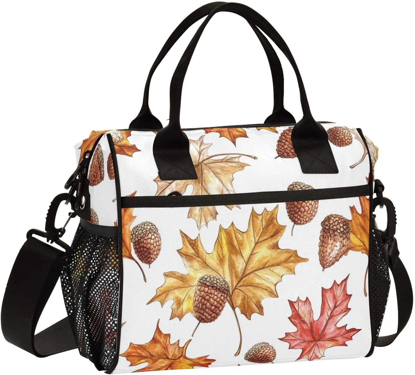Maple Leaves Acorns Lunch Bag for Women, Insulated Lunch Box for Students, Women's Lunch Tote Bag with Side Pockets & Removable Shoulder Strap Large Cooler Purse for Picnic Work Beach