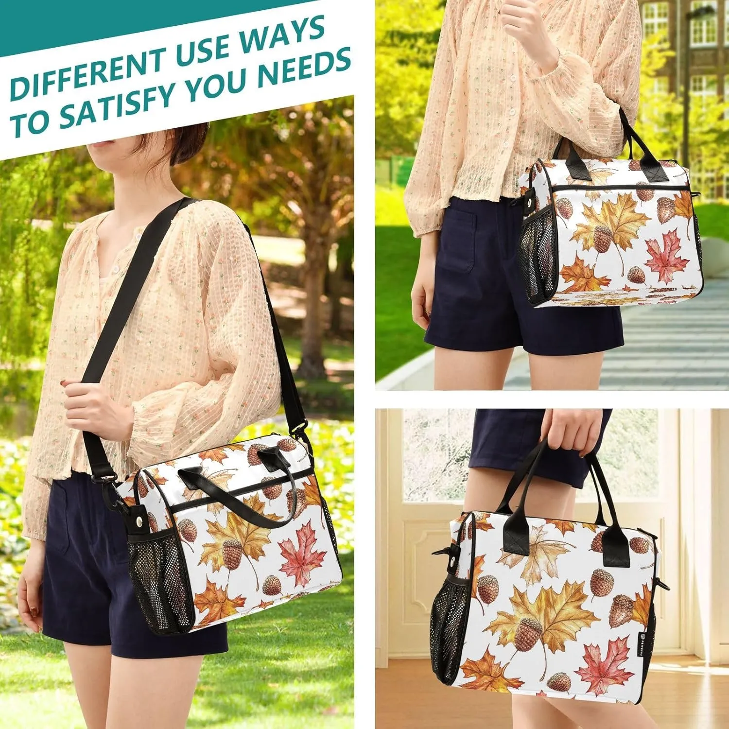 Maple Leaves Acorns Lunch Bag for Women, Insulated Lunch Box for Students, Women's Lunch Tote Bag with Side Pockets & Removable Shoulder Strap Large Cooler Purse for Picnic Work Beach