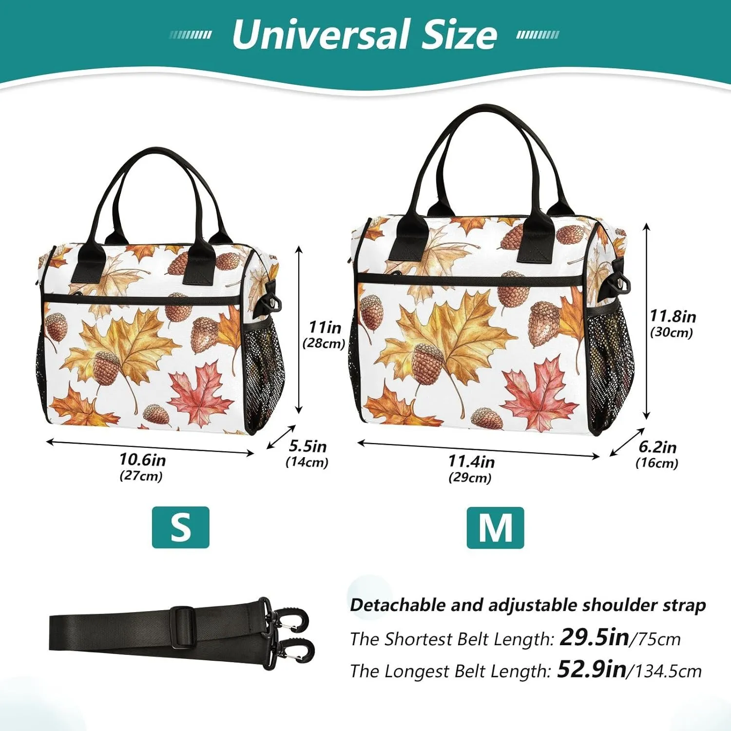Maple Leaves Acorns Lunch Bag for Women, Insulated Lunch Box for Students, Women's Lunch Tote Bag with Side Pockets & Removable Shoulder Strap Large Cooler Purse for Picnic Work Beach
