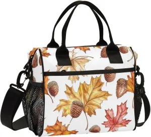 Maple Leaves Acorns Lunch Bag for Women, Insulated Lunch Box for Students, Women's Lunch Tote Bag with Side Pockets & Removable Shoulder Strap Large Cooler Purse for Picnic Work Beach
