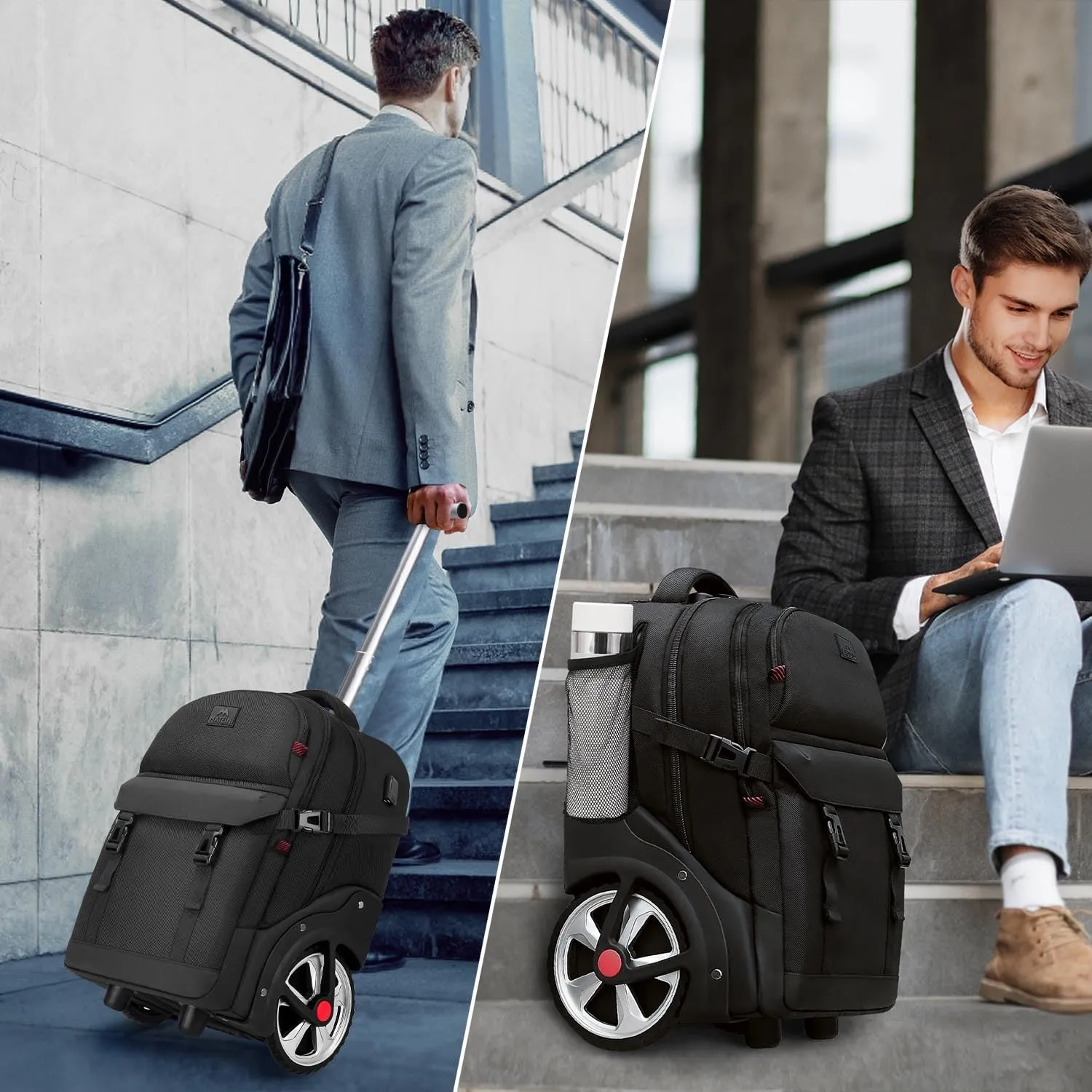 MATEIN Rolling Backpack for Adults with Wheels, 17 Inch Large Wheeled Backpack with USB Charging Port & Combination Lock, Water Resistant Anti Theft Travel Laptop Backpack for Men Work Business, Black