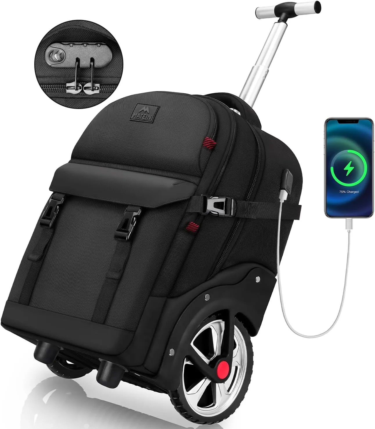 MATEIN Rolling Backpack for Adults with Wheels, 17 Inch Large Wheeled Backpack with USB Charging Port & Combination Lock, Water Resistant Anti Theft Travel Laptop Backpack for Men Work Business, Black