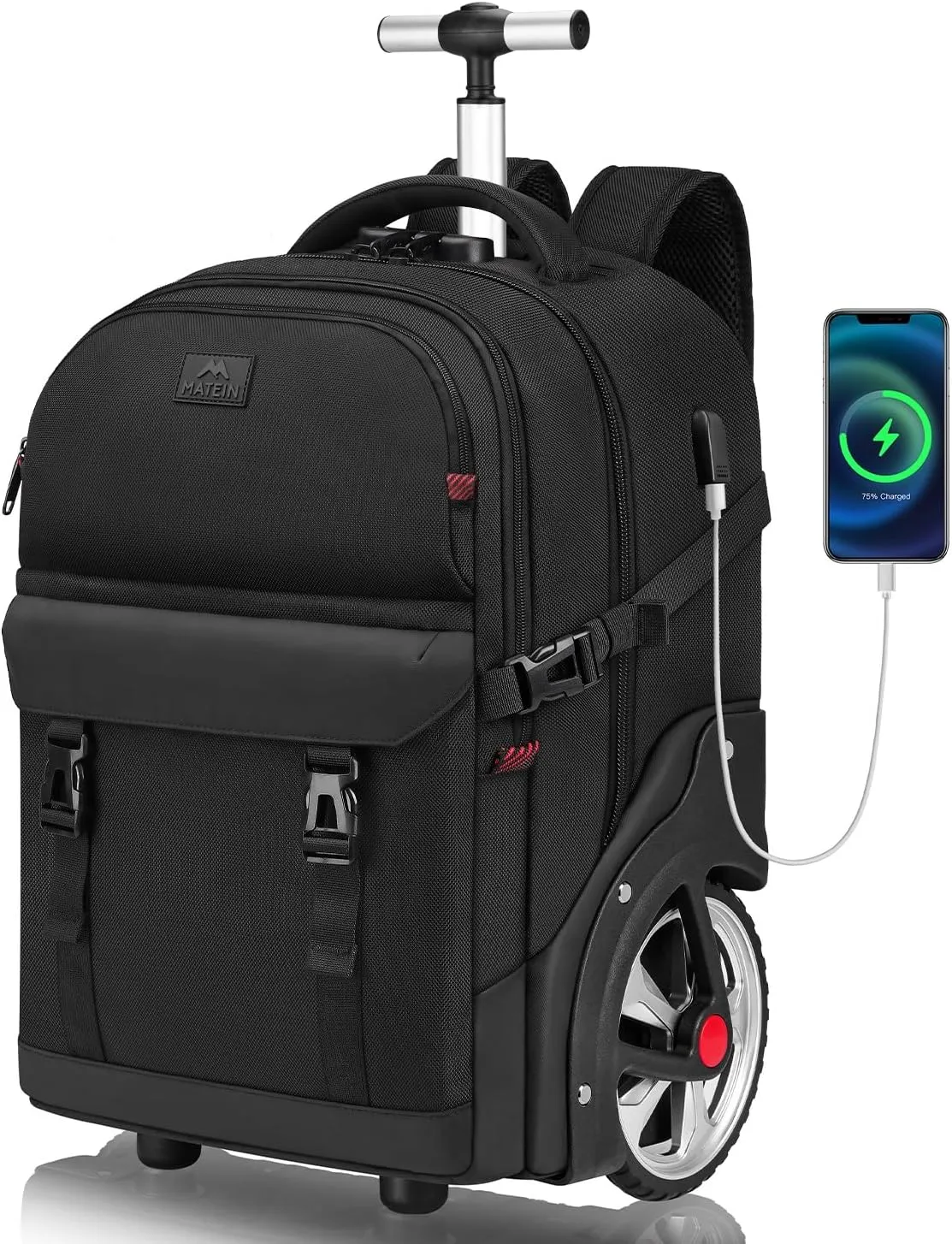 MATEIN Rolling Backpack for Adults with Wheels, 17 Inch Large Wheeled Backpack with USB Charging Port & Combination Lock, Water Resistant Anti Theft Travel Laptop Backpack for Men Work Business, Black