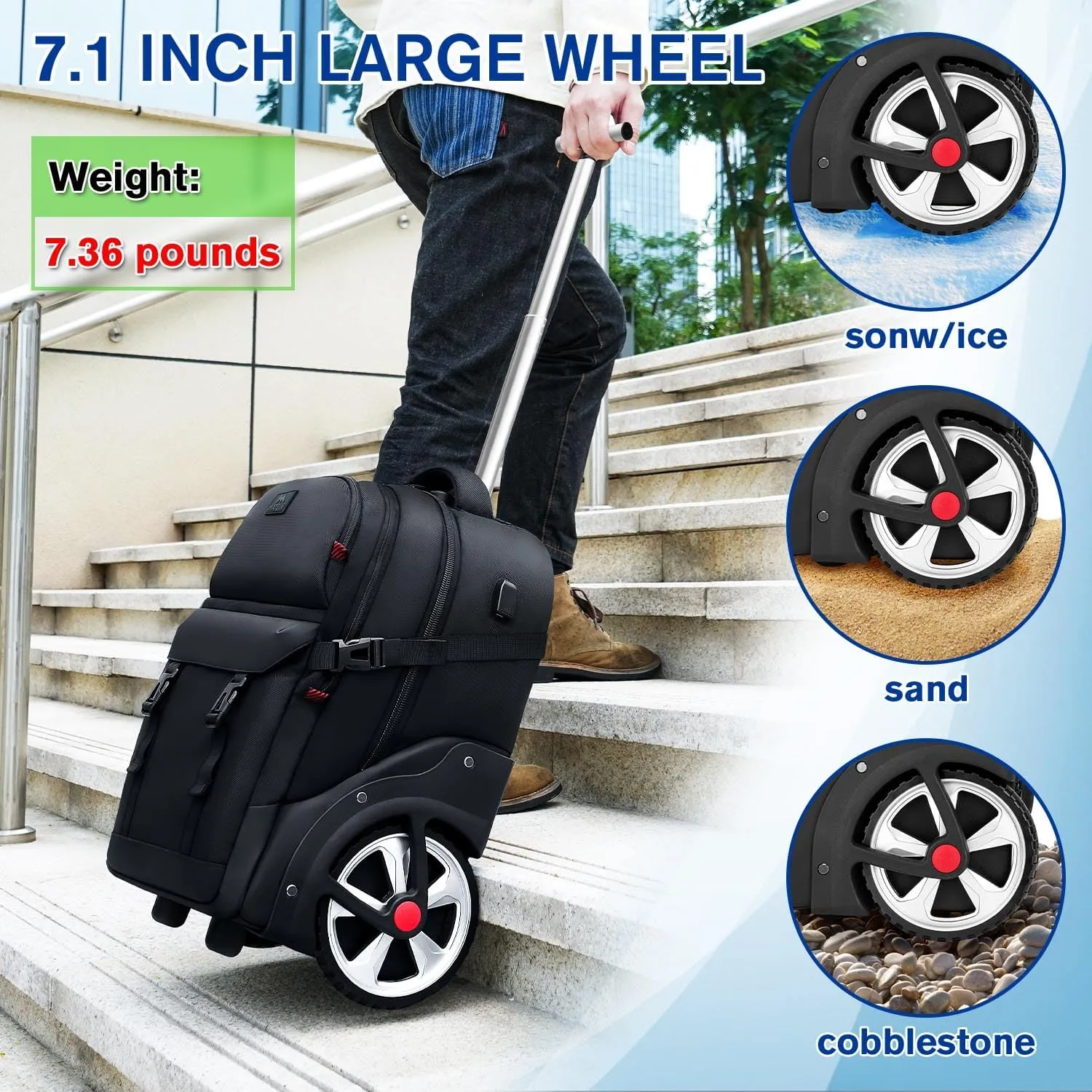 MATEIN Rolling Backpack for Adults with Wheels, 17 Inch Large Wheeled Backpack with USB Charging Port & Combination Lock, Water Resistant Anti Theft Travel Laptop Backpack for Men Work Business, Black