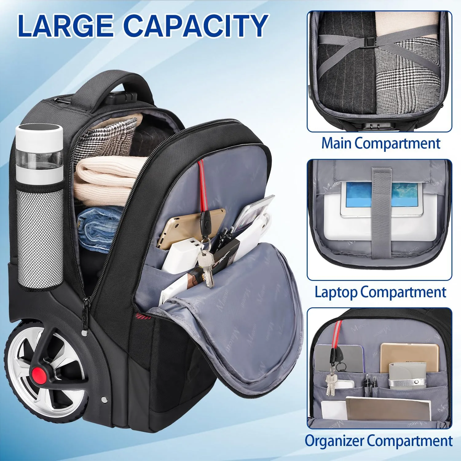 MATEIN Rolling Backpack for Adults with Wheels, 17 Inch Large Wheeled Backpack with USB Charging Port & Combination Lock, Water Resistant Anti Theft Travel Laptop Backpack for Men Work Business, Black