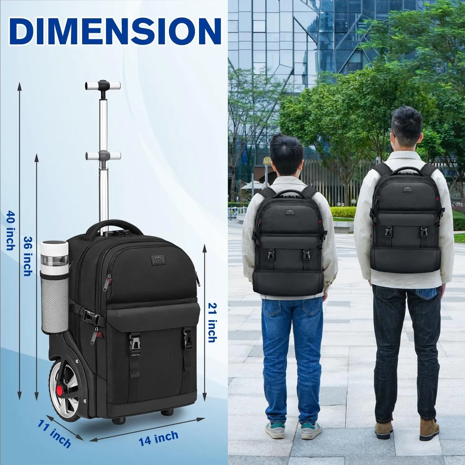 MATEIN Rolling Backpack for Adults with Wheels, 17 Inch Large Wheeled Backpack with USB Charging Port & Combination Lock, Water Resistant Anti Theft Travel Laptop Backpack for Men Work Business, Black