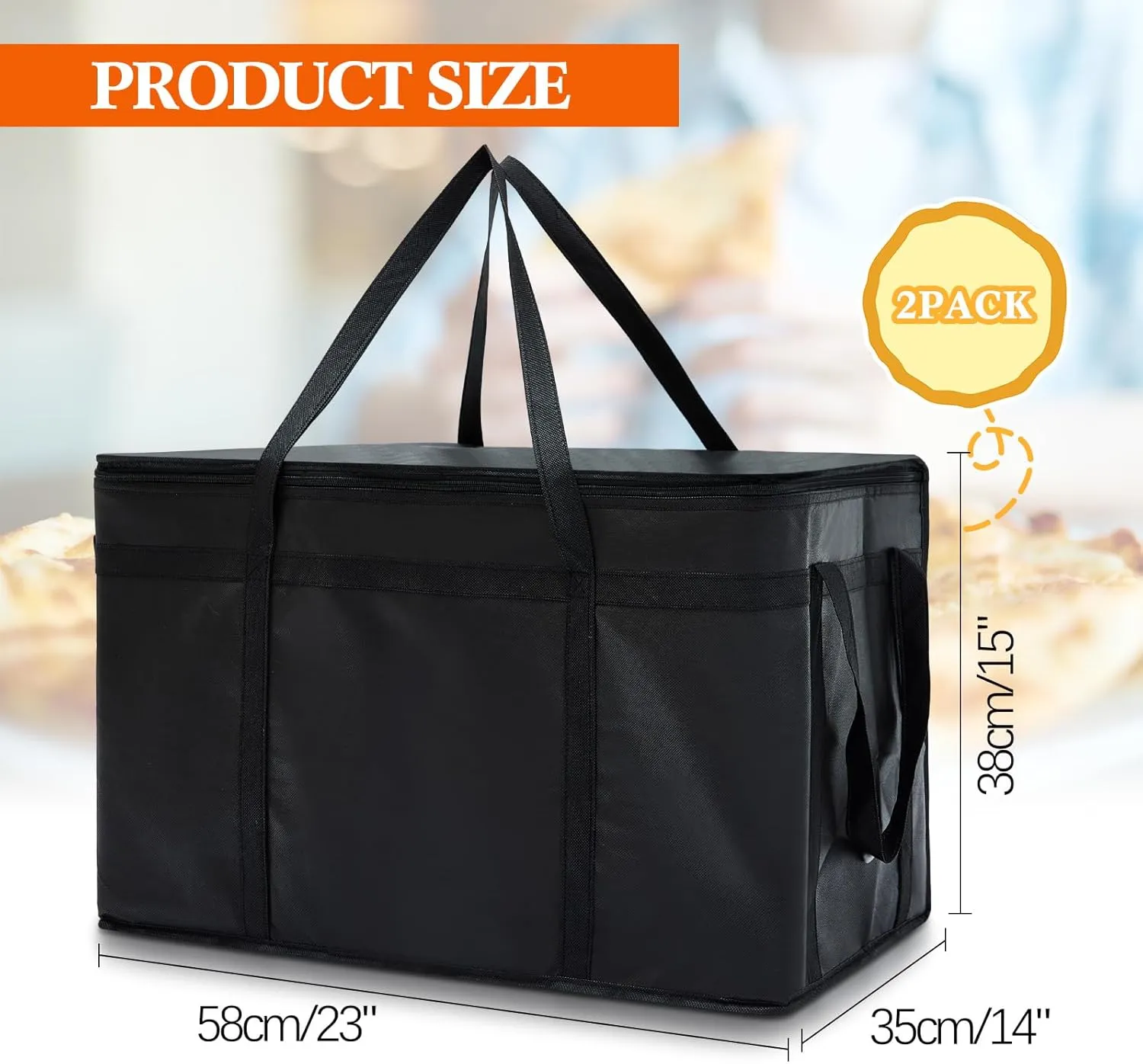Maxcheck Insulated Food Delivery Bag XXXL Large Capacity Hot Cold Grocery Tote Bag Reusable Warming Cooler Pizza Catering Carrier for Commercial Travel Lunch Shopping Gifts (Black,2)
