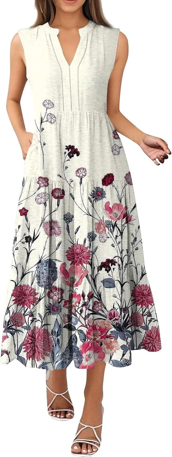 Maxi Sundresses for Women 2025 Summer V Neck Sleeveless Vintage Floral Pleated A Line Long Tank Sundresses,S-3XL