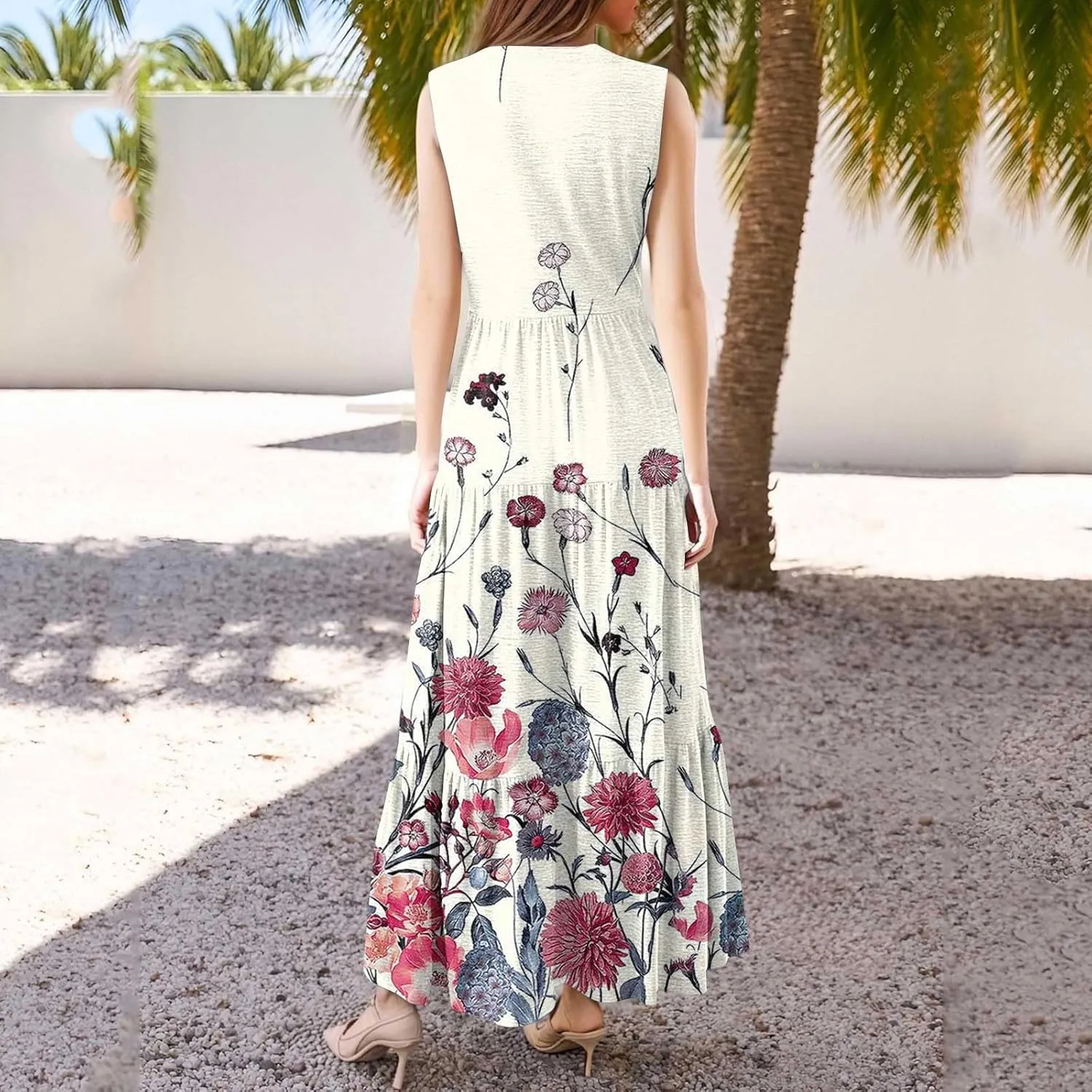 Maxi Sundresses for Women 2025 Summer V Neck Sleeveless Vintage Floral Pleated A Line Long Tank Sundresses,S-3XL