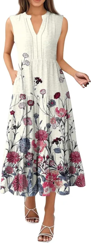 Maxi Sundresses for Women 2025 Summer V Neck Sleeveless Vintage Floral Pleated A Line Long Tank Sundresses,S-3XL