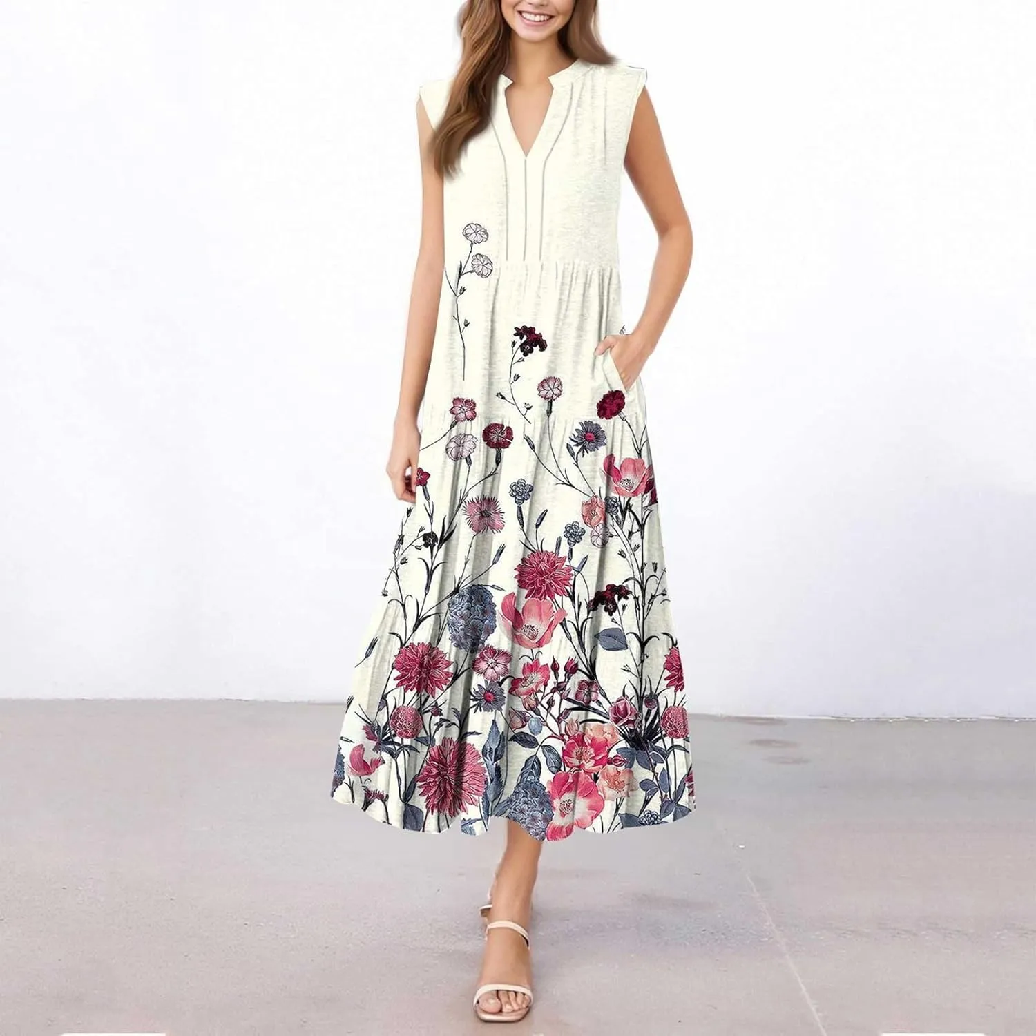Maxi Sundresses for Women 2025 Summer V Neck Sleeveless Vintage Floral Pleated A Line Long Tank Sundresses,S-3XL