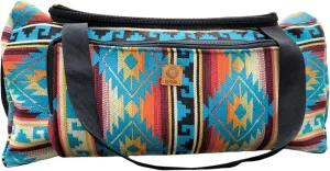 Medium sized travel bag. Hand luggage made from woven wool and duffle, featuring two types of straps. Handcrafted in Ecuador by artisans, showcasing traditional Ecuadorian designs. (Blue Orange)