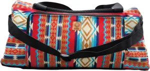 Medium sized travel bag. Hand luggage made from woven wool and duffle, featuring two types of straps. Handcrafted in Ecuador by artisans, showcasing traditional Ecuadorian designs. (Red Blue)