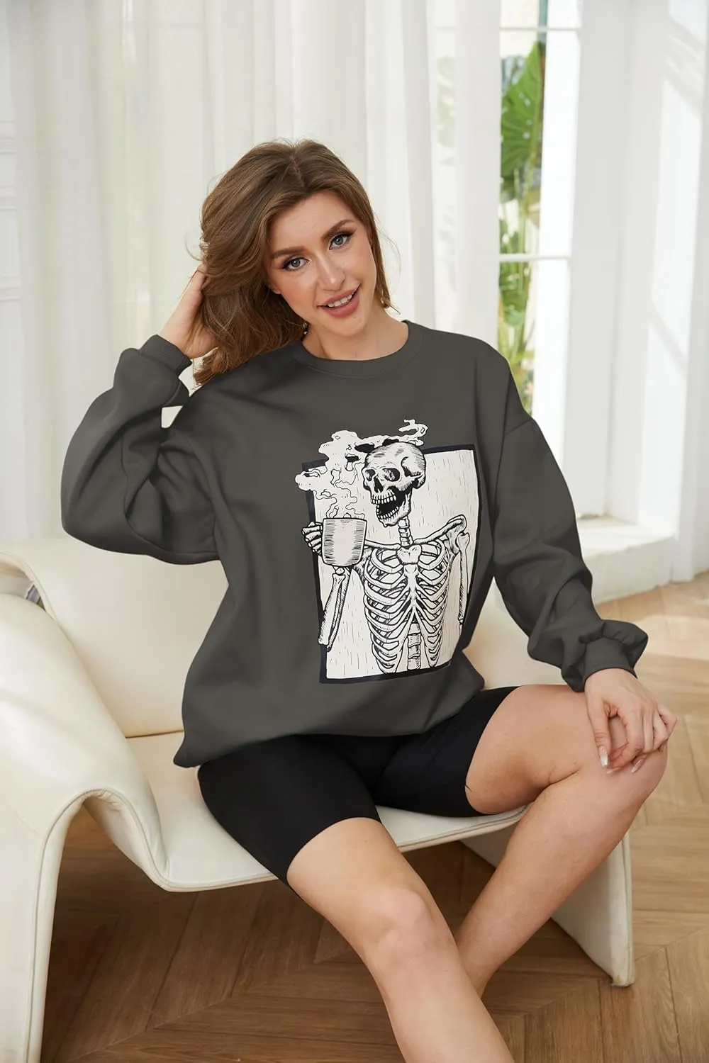 Meladyan Halloween Skull Graphic Print Fleece Oversized Sweatshirt Crewneck Long Sleeve Drop Shoulder Pullover