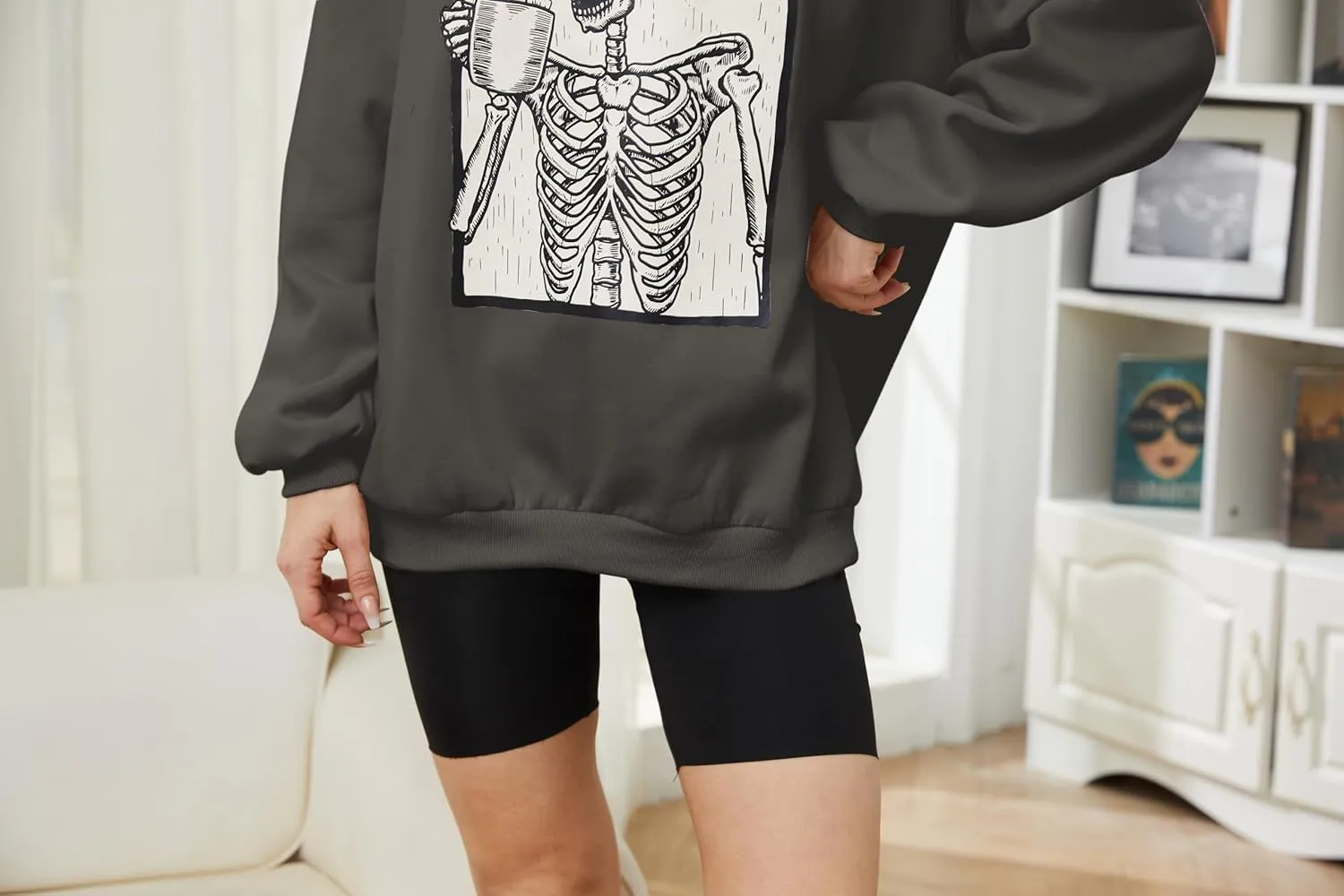 Meladyan Halloween Skull Graphic Print Fleece Oversized Sweatshirt Crewneck Long Sleeve Drop Shoulder Pullover