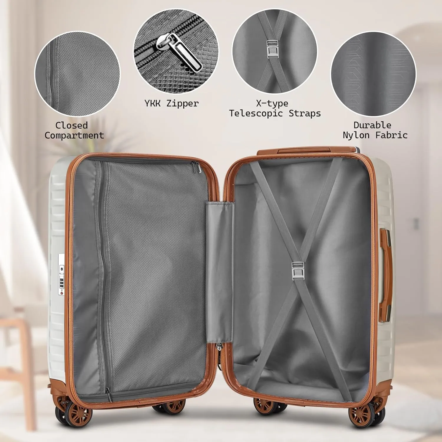 Melalenia Luggage Sets 3 Piece, Hard Shell Carry on Suitcase with Spinner Wheels and TSA Lock, Travel Lightweight Luggage Set for Women, Beige Brown