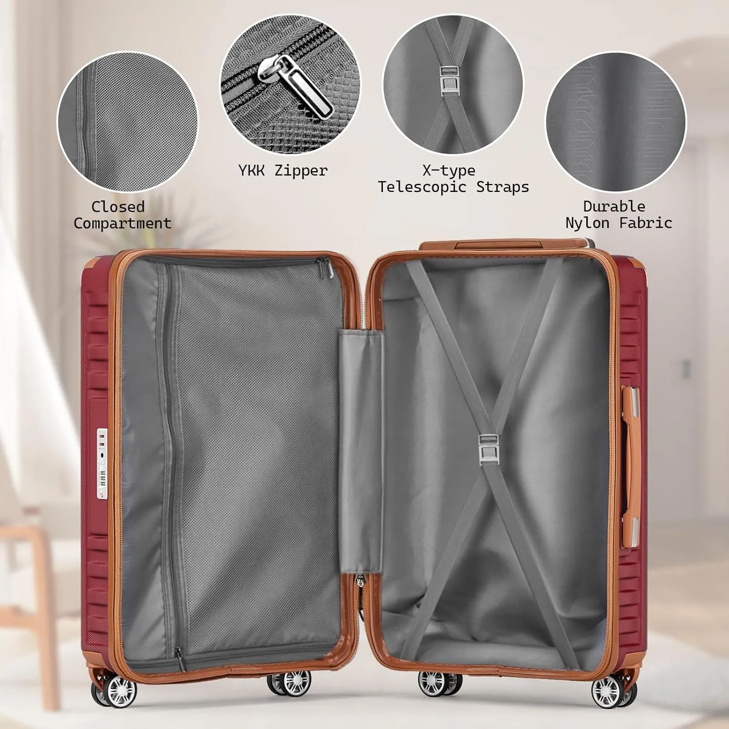 Melalenia Luggage Sets 3 Piece, Hard Shell Carry on Suitcase with Spinner Wheels and TSA Lock, Travel Lightweight Luggage Set for Women, Red Brown