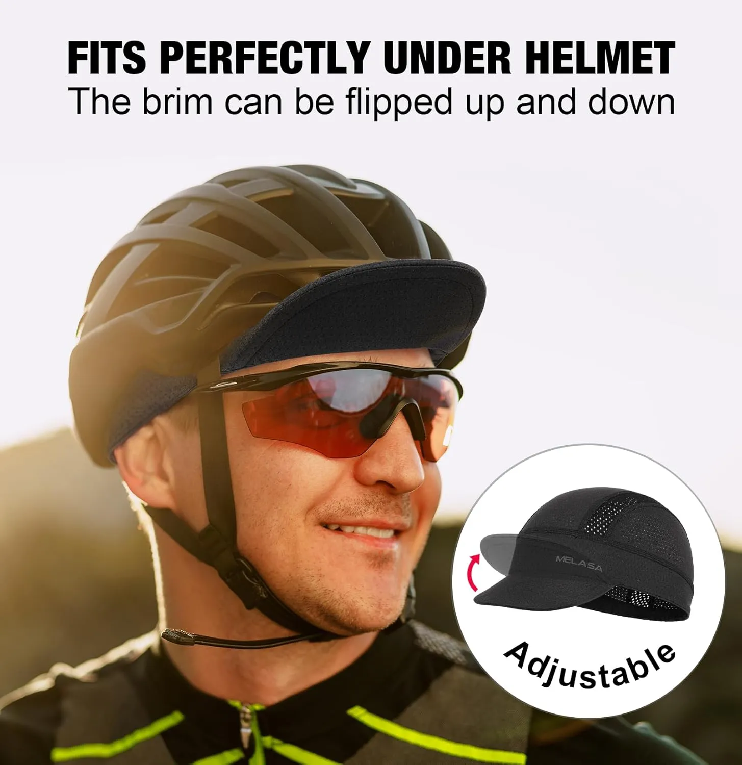 MELASA Cycling Cap, Cooling Skull Cap Helmet Liner with Sun Visor, Sun Protection Running Bike Cap for Men Women Under Helmet