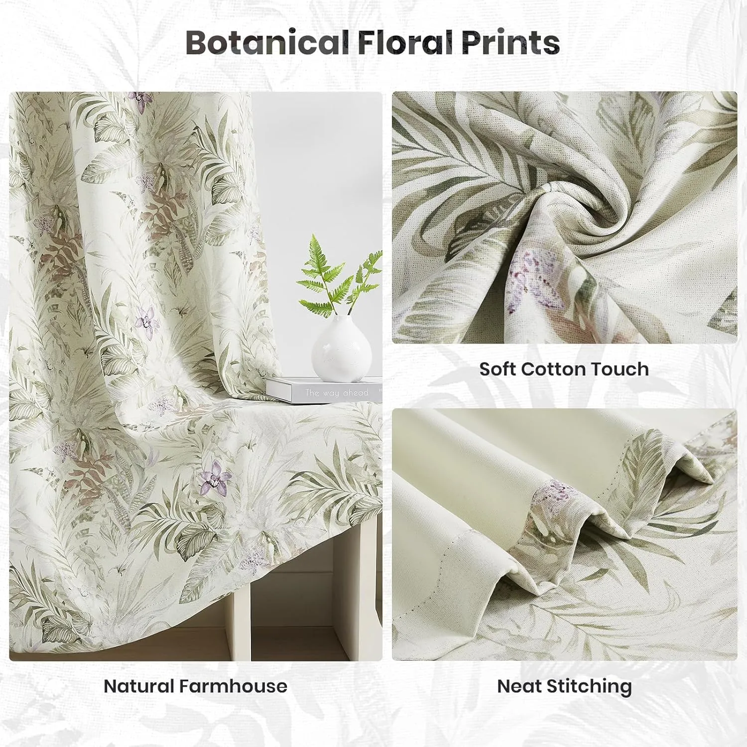 Melodieux Blackout Floral Cotton Curtains 84 Inches Long for Bedroom, Vintage Farmhouse Country Botanical Grommet Drapes Thermal Insulated Living Room Curtains, 52 by 84 in, Beige, 2 Panels