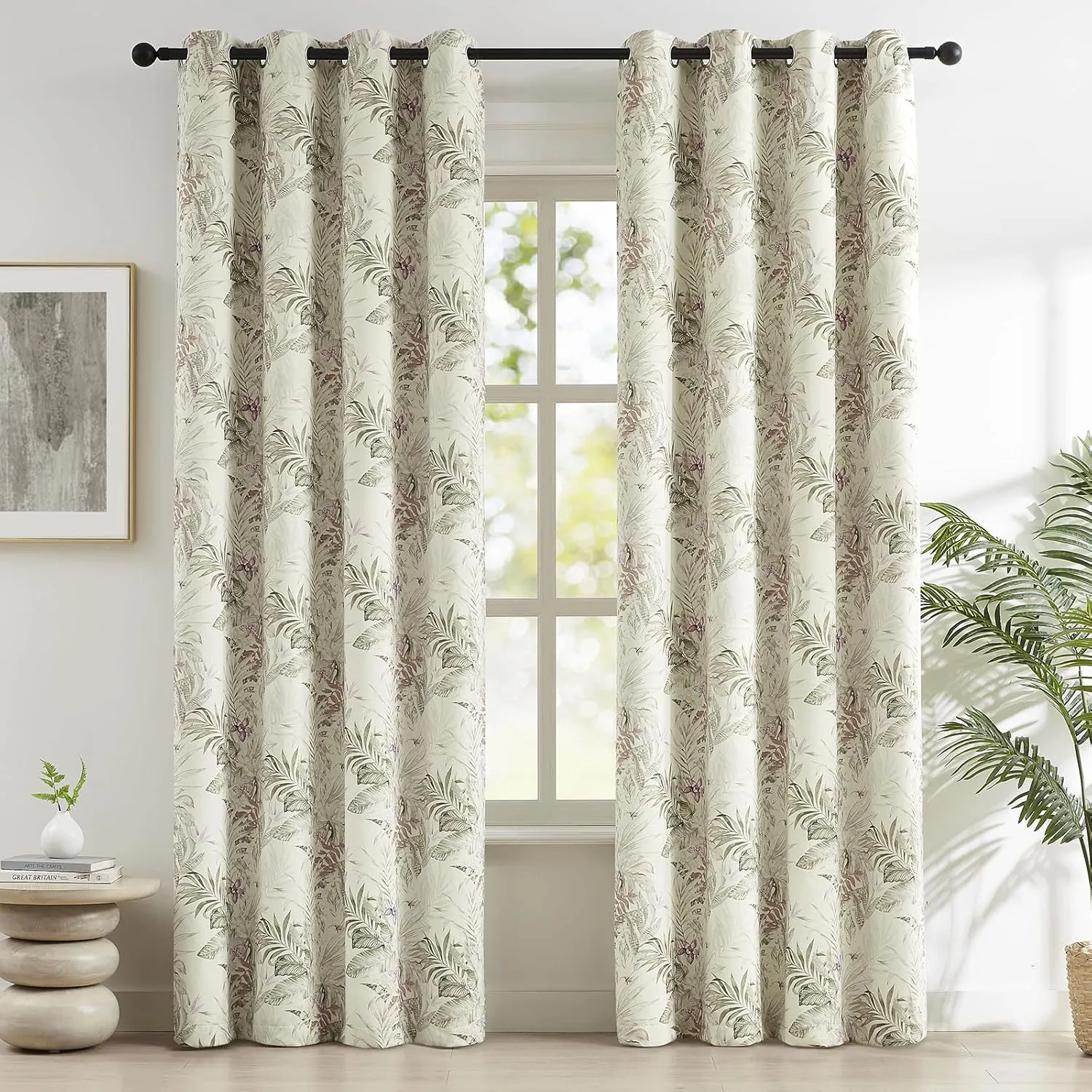 Melodieux Blackout Floral Cotton Curtains 84 Inches Long for Bedroom, Vintage Farmhouse Country Botanical Grommet Drapes Thermal Insulated Living Room Curtains, 52 by 84 in, Beige, 2 Panels
