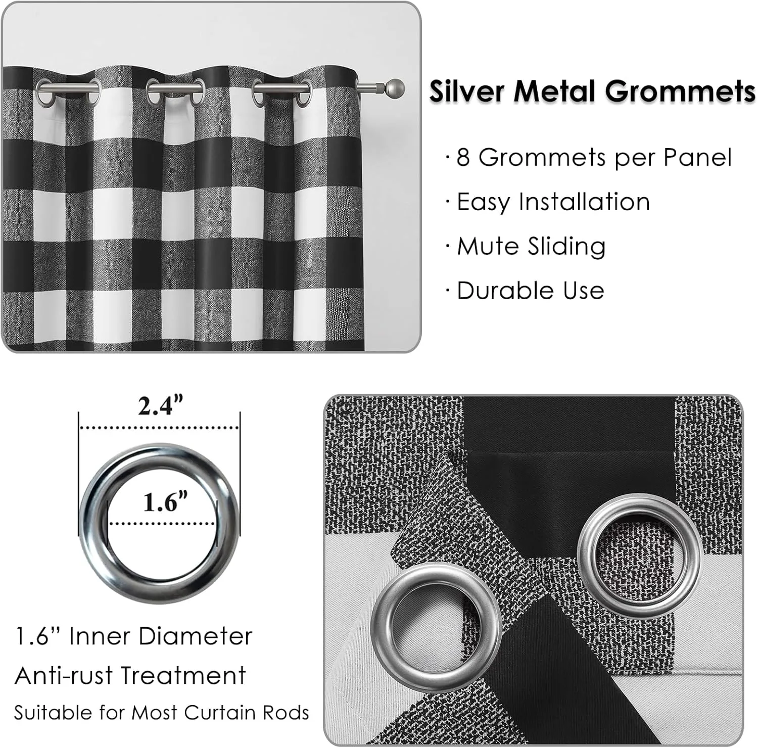 Melodieux Buffalo Check Plaid Blackout Curtains 84 Inches Long for Bedroom, Living Room Thermal Insulated Room Darkening Grommet Drapes, Black, 50 x 84 Inch, 2 Panels