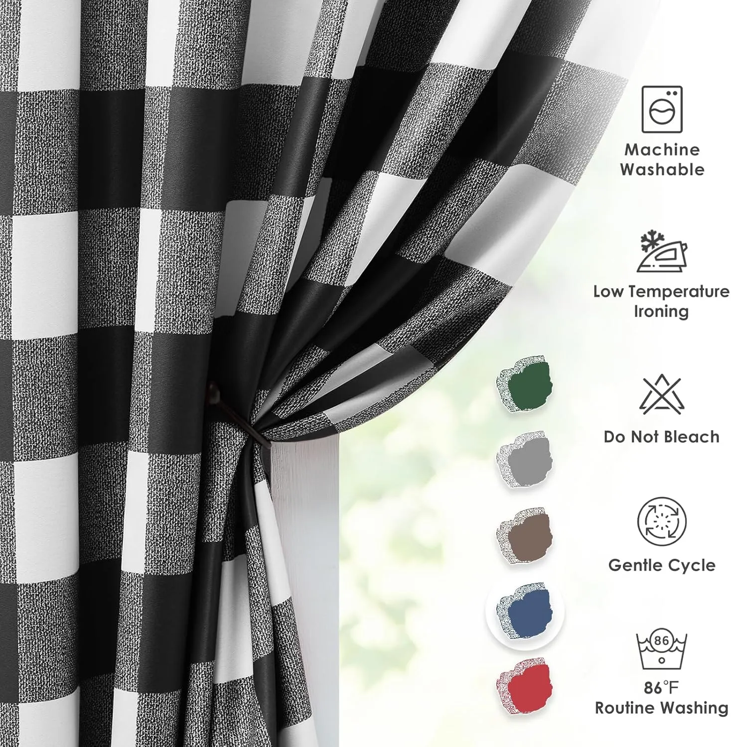 Melodieux Buffalo Check Plaid Blackout Curtains 84 Inches Long for Bedroom, Living Room Thermal Insulated Room Darkening Grommet Drapes, Black, 50 x 84 Inch, 2 Panels