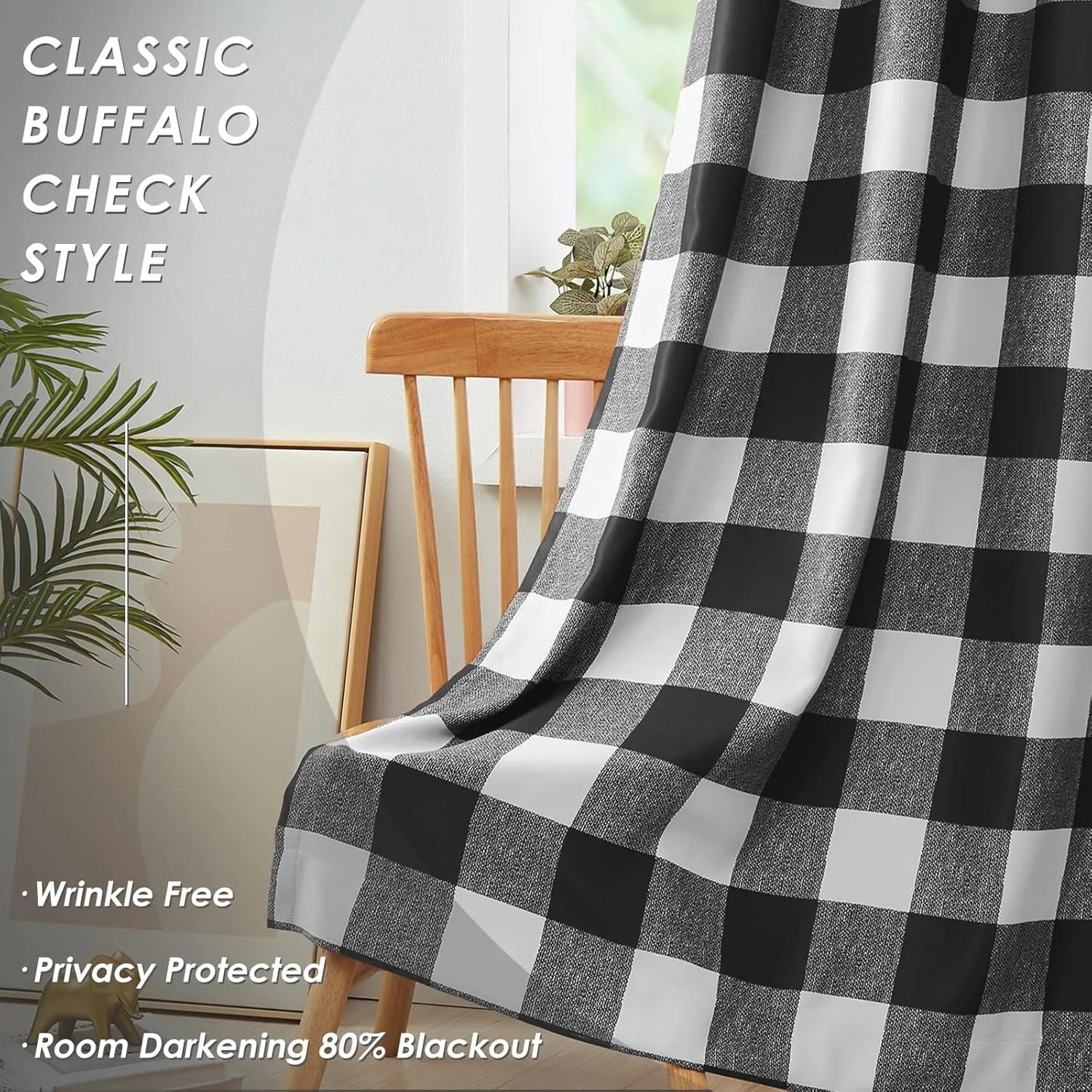 Melodieux Buffalo Check Plaid Blackout Curtains 84 Inches Long for Bedroom, Living Room Thermal Insulated Room Darkening Grommet Drapes, Black, 50 x 84 Inch, 2 Panels